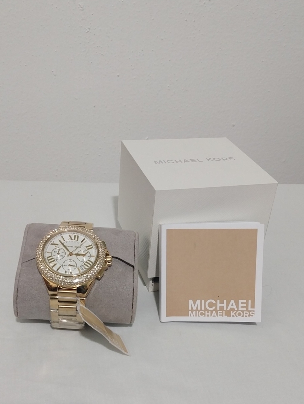 Michael Kors Gold-Tone Crystal Bezel Chronograph Watch with White Dial